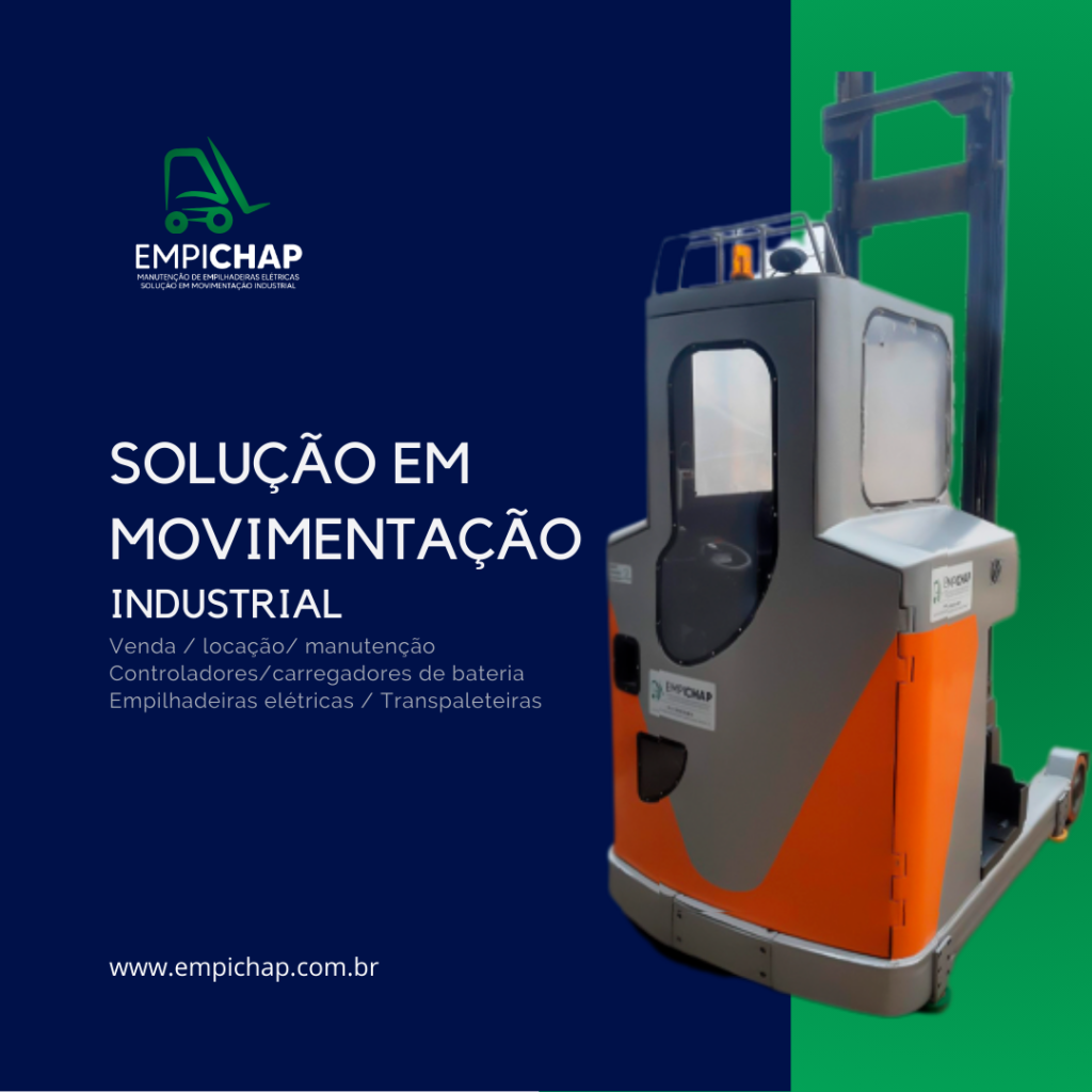 Empilhadeira elétrica moderna com logotipo da Empichap e slogan 'Solução em Movimentação Industrial' destacando serviços como venda, locação e manutenção.